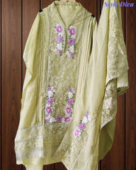 Linen Pakistani Style Unstitched Suit with 3D Embroidery Work and Crochet Lacing