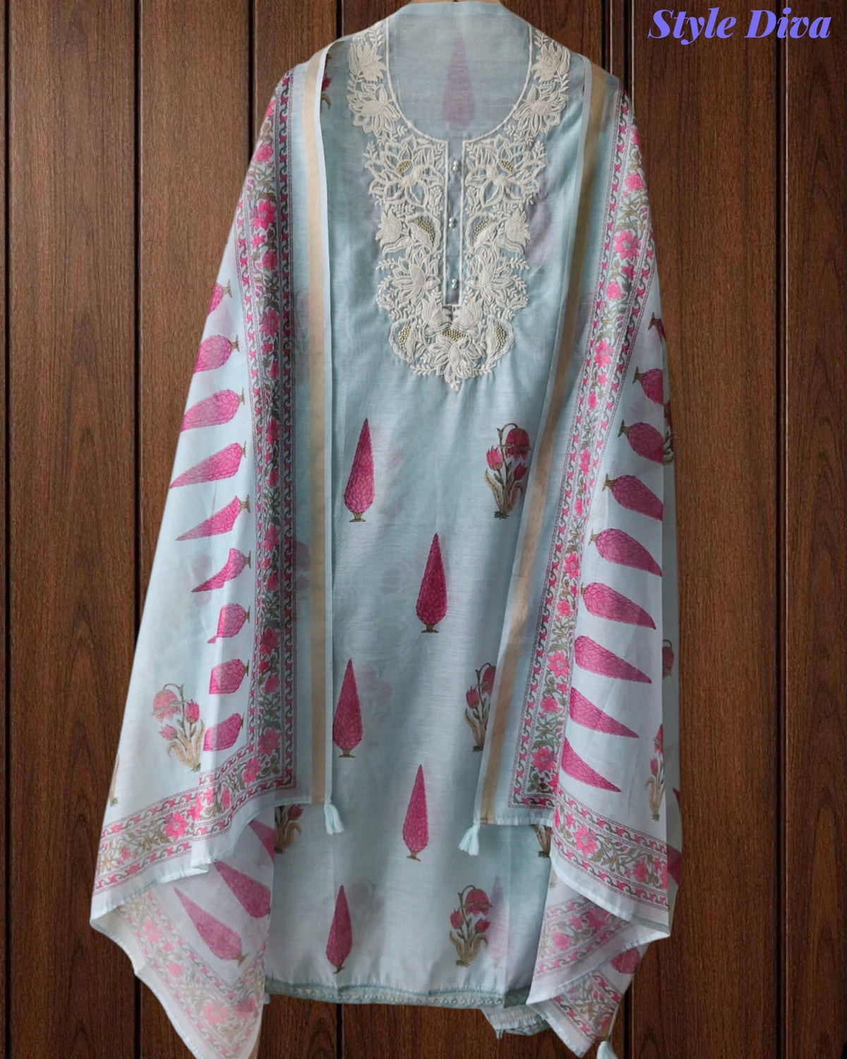 Mul Cotton Digital Print Unstitched Suit Set with Embroidered Neck & Dupatta
