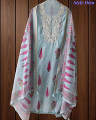 Mul Cotton Digital Print Unstitched Suit Set with Embroidered Neck & Dupatta