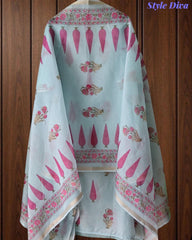 Mul Cotton Digital Print Unstitched Suit Set with Embroidered Neck & Dupatta