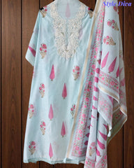 Mul Cotton Digital Print Unstitched Suit Set with Embroidered Neck & Dupatta
