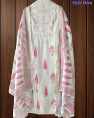 Mul Cotton Digital Print Unstitched Suit Set with Embroidered Neck & Dupatta