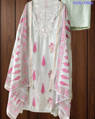Mul Cotton Digital Print Unstitched Suit Set with Embroidered Neck & Dupatta