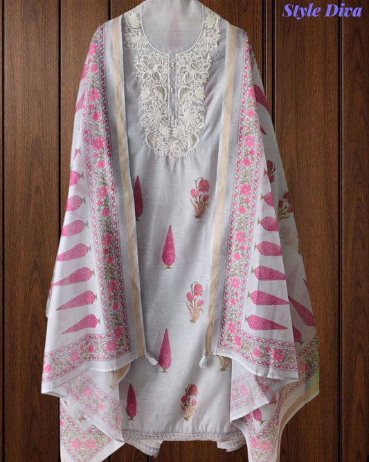Mul Cotton Digital Print Unstitched Suit Set with Embroidered Neck & Dupatta