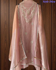 Elegant Crushed Tissue Unstitched Suit with Pita Weaving Work and Golden Border Dupatta