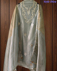 Elegant Crushed Tissue Unstitched Suit with Pita Weaving Work and Golden Border Dupatta