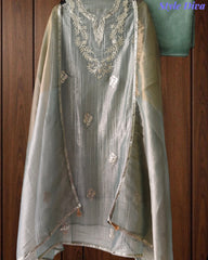 Elegant Crushed Tissue Unstitched Suit with Pita Weaving Work and Golden Border Dupatta