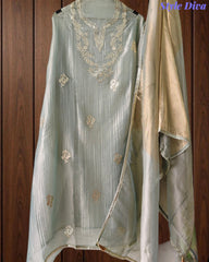 Elegant Crushed Tissue Unstitched Suit with Pita Weaving Work and Golden Border Dupatta