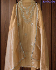Elegant Crushed Tissue Unstitched Suit with Pita Weaving Work and Golden Border Dupatta