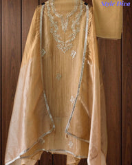 Elegant Crushed Tissue Unstitched Suit with Pita Weaving Work and Golden Border Dupatta
