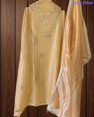 Elegant Crushed Tissue Unstitched Suit with Pita Weaving Work and Golden Border Dupatta