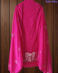 Mul Cotton Unstitched Suit Set with Daman Embroidery & Crochet Lace Dupatta