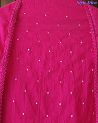 Mul Cotton Unstitched Suit Set with Daman Embroidery & Crochet Lace Dupatta