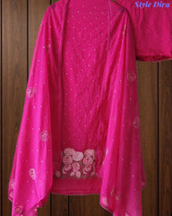 Mul Cotton Unstitched Suit Set with Daman Embroidery & Crochet Lace Dupatta
