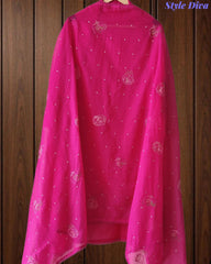 Mul Cotton Unstitched Suit Set with Daman Embroidery & Crochet Lace Dupatta