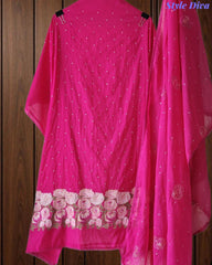 Mul Cotton Unstitched Suit Set with Daman Embroidery & Crochet Lace Dupatta