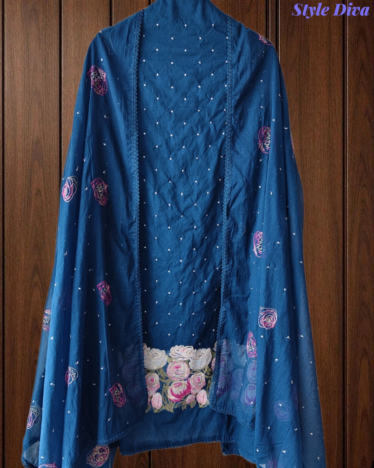 Mul Cotton Unstitched Suit Set with Daman Embroidery & Crochet Lace Dupatta