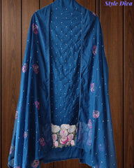 Mul Cotton Unstitched Suit Set with Daman Embroidery & Crochet Lace Dupatta