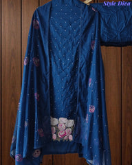 Mul Cotton Unstitched Suit Set with Daman Embroidery & Crochet Lace Dupatta