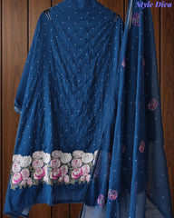 Mul Cotton Unstitched Suit Set with Daman Embroidery & Crochet Lace Dupatta