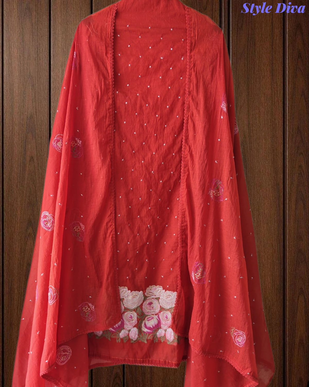 Mul Cotton Unstitched Suit Set with Daman Embroidery & Crochet Lace Dupatta