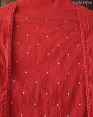 Mul Cotton Unstitched Suit Set with Daman Embroidery & Crochet Lace Dupatta