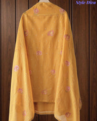 Mul Cotton Unstitched Suit Set with Daman Embroidery & Crochet Lace Dupatta