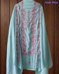 Mul Cotton Unstitched Suit Set with Overall Embroidery & Scalloped Dupatta