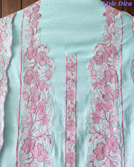 Mul Cotton Unstitched Suit Set with Overall Embroidery & Scalloped Dupatta