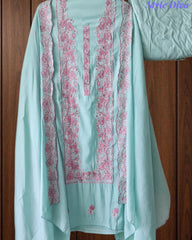 Mul Cotton Unstitched Suit Set with Overall Embroidery & Scalloped Dupatta