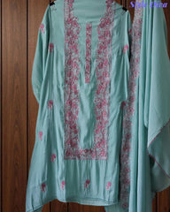 Mul Cotton Unstitched Suit Set with Overall Embroidery & Scalloped Dupatta