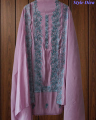 Mul Cotton Unstitched Suit Set with Overall Embroidery & Scalloped Dupatta
