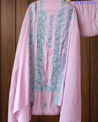 Mul Cotton Unstitched Suit Set with Overall Embroidery & Scalloped Dupatta