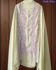 Mul Cotton Unstitched Suit Set with Overall Embroidery & Scalloped Dupatta