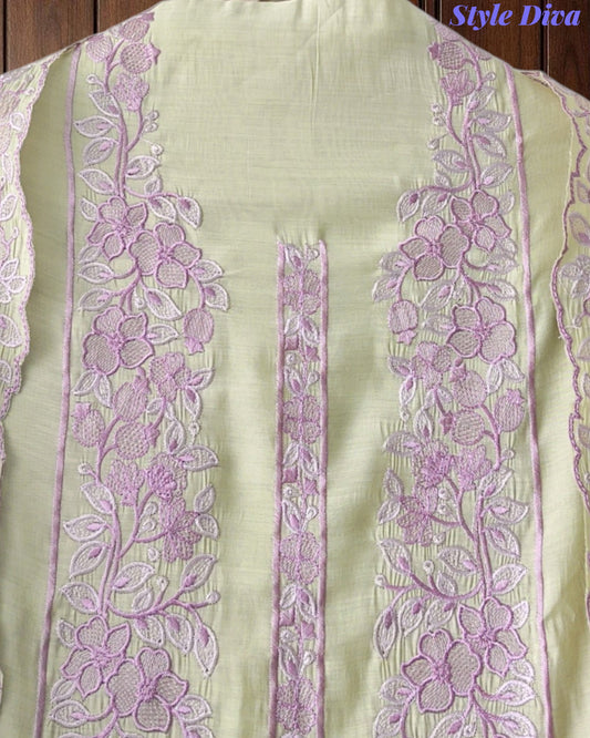 Mul Cotton Unstitched Suit Set with Overall Embroidery & Scalloped Dupatta