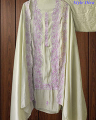 Mul Cotton Unstitched Suit Set with Overall Embroidery & Scalloped Dupatta