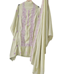 Mul Cotton Unstitched Suit Set with Overall Embroidery & Scalloped Dupatta