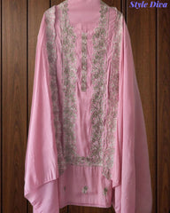 Mul Cotton Unstitched Suit Set with Overall Embroidery & Scalloped Dupatta