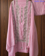 Mul Cotton Unstitched Suit Set with Overall Embroidery & Scalloped Dupatta