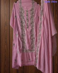 Mul Cotton Unstitched Suit Set with Overall Embroidery & Scalloped Dupatta