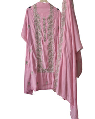 Mul Cotton Unstitched Suit Set with Overall Embroidery & Scalloped Dupatta