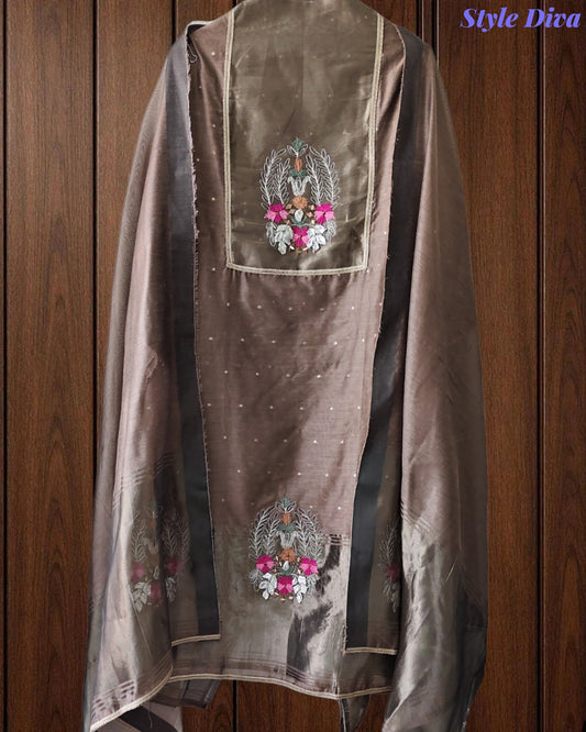 Jamdani Cotton Lagdi Patta Unstitched Suit Set with Embroidery & Zari Work