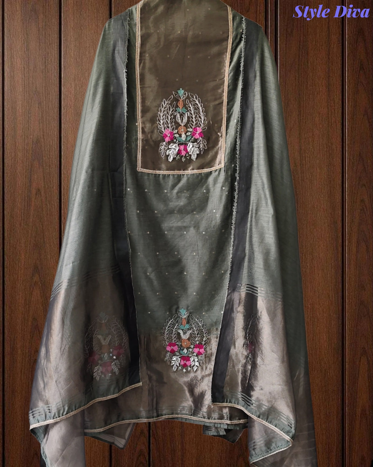 Jamdani Cotton Lagdi Patta- Faux Leather Unstitched Suit