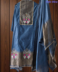 Jamdani Cotton Lagdi Patta- Faux Leather Unstitched Suit