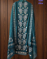 Designer Mul Cotton Unstitched Suit Set with Pita Work, Pearl Highlights & Mukiesh Dupatta