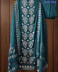 Designer Mul Cotton Unstitched Suit Set with Pita Work, Pearl Highlights & Mukiesh Dupatta