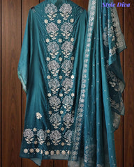 Designer Mul Cotton Unstitched Suit Set with Pita Work, Pearl Highlights & Mukiesh Dupatta