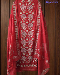 Designer Mul Cotton Unstitched Suit Set with Pita Work, Pearl Highlights & Mukiesh Dupatta