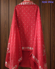 Designer Mul Cotton Unstitched Suit Set with Pita Work, Pearl Highlights & Mukiesh Dupatta