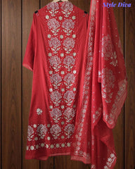 Designer Mul Cotton Unstitched Suit Set with Pita Work, Pearl Highlights & Mukiesh Dupatta